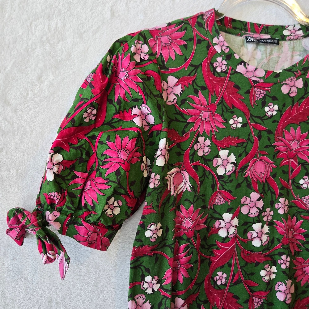 Zara Womens Floral Puff Sleeve Top Cotton Casual Boho Green Pink Size S - Picture 3 of 10